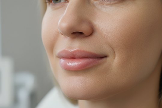 Женщина после процедуры увеличения губ в медицинском кабинете