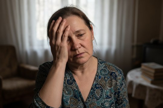 Женщина стоит и держится рукой за голову, испытывая недомогание из-за алкогольного гепатоза